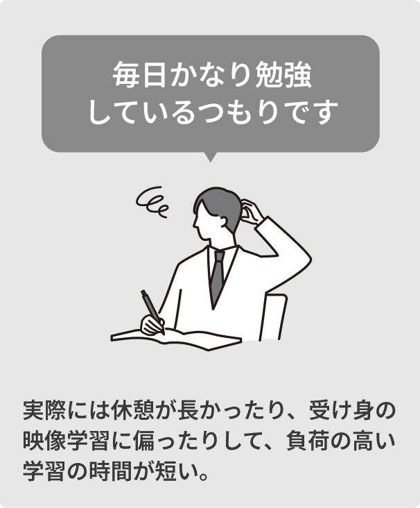 毎日かなり勉強しているつもりです / 実際には休憩が長かったり受け身の映像学習に偏ったりして負荷の高い学習の時間が短い