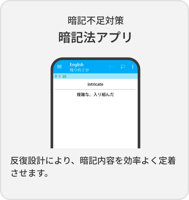暗記不足対策 暗記法アプリ 反復設計により、暗記内容を効率よく定着させます